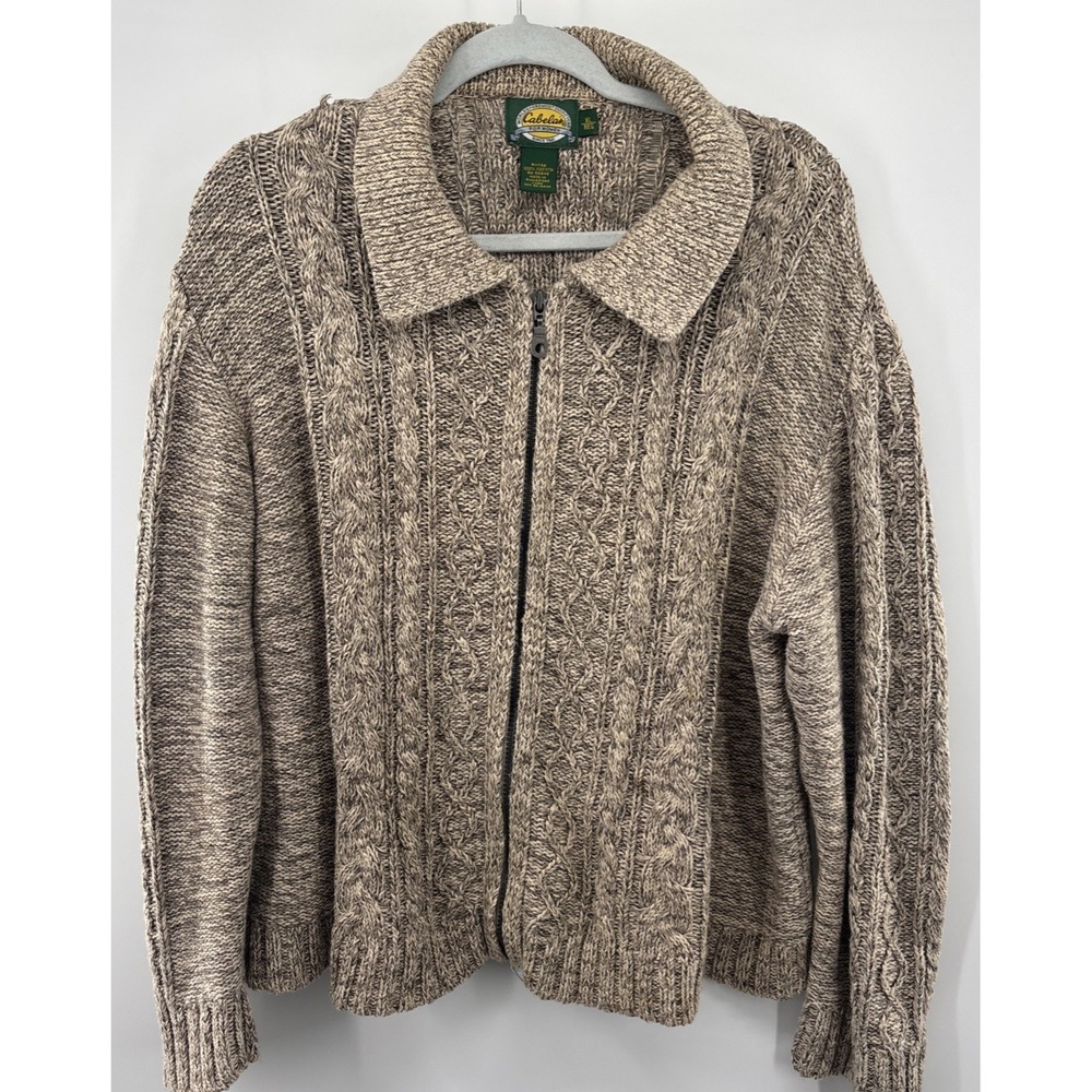 Cabelas Cable Knit Cardigan Sweater Chunky Fisherman Brown Womens Size XL Cotton